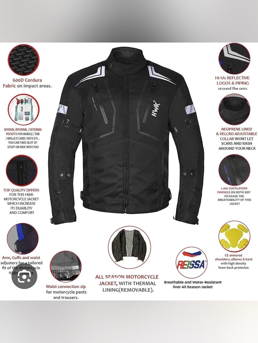 HWK Men’s OR Women's Black Performance Motorcycle Jacket with Reflective Accents